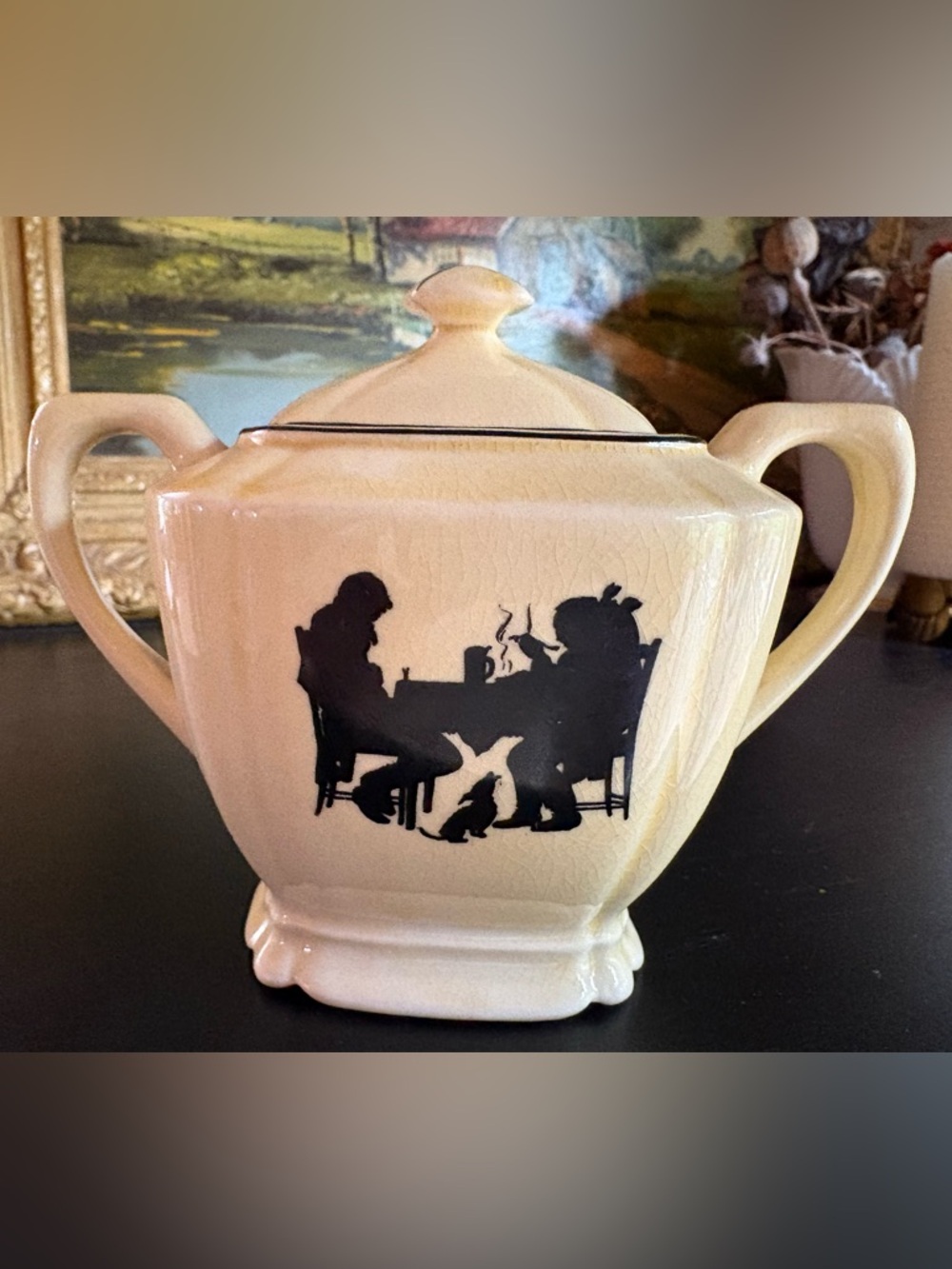 VTG Pale Yellow Crooksville China Co “Silhouette” Pattern Sugar Bowl w/ Lid